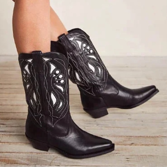 New Free People x Rancho Mirage 10 Black White MidCalf Leather Western Italy